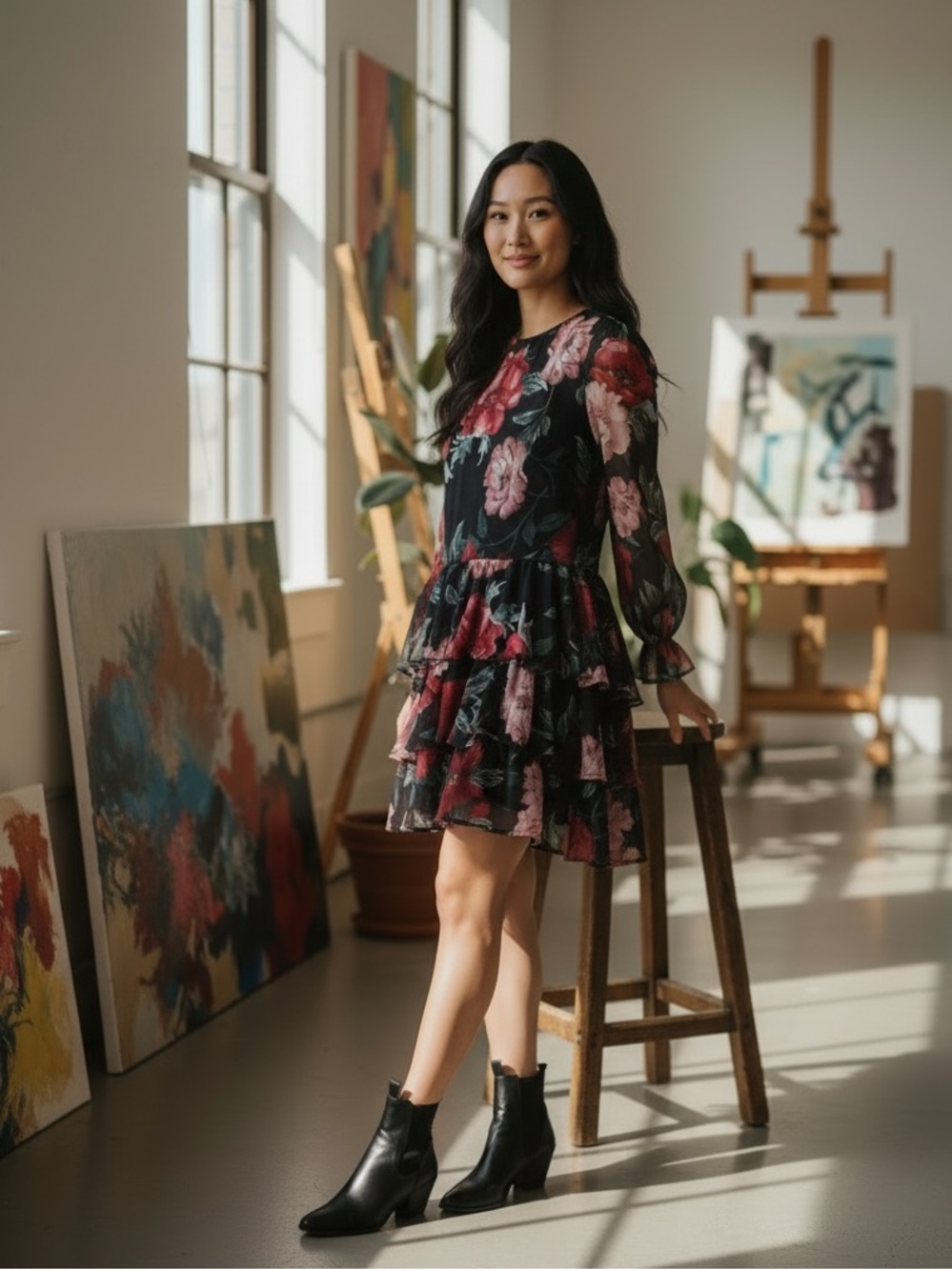Ember Black Floral Long-Sleeve Tiered Dress NWT